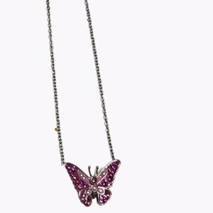 Elegant Pink Gem Butterfly Pendant Necklace Silver Tone Chain Fashion Jewelry